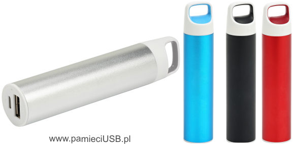 PM-16 Powerbank w obudowie aluminiowej z uchwytem, kolory: czerwony, srebrny, czarny, niebieski