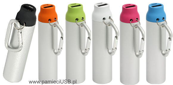 PM-17 Powerbank z karabińczykiem, aluminium, plastik, kolory wykończenia: czarny, pomarańczowy, zielony, biały, madżentowy, niebieski