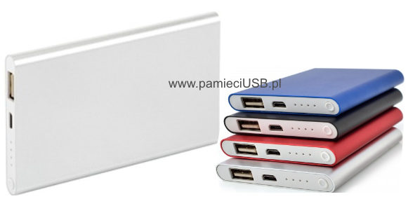 PM-28 Powerbank typu slim, aluminiowa obudowa, srebrny, czarny, czerwony, niebieski